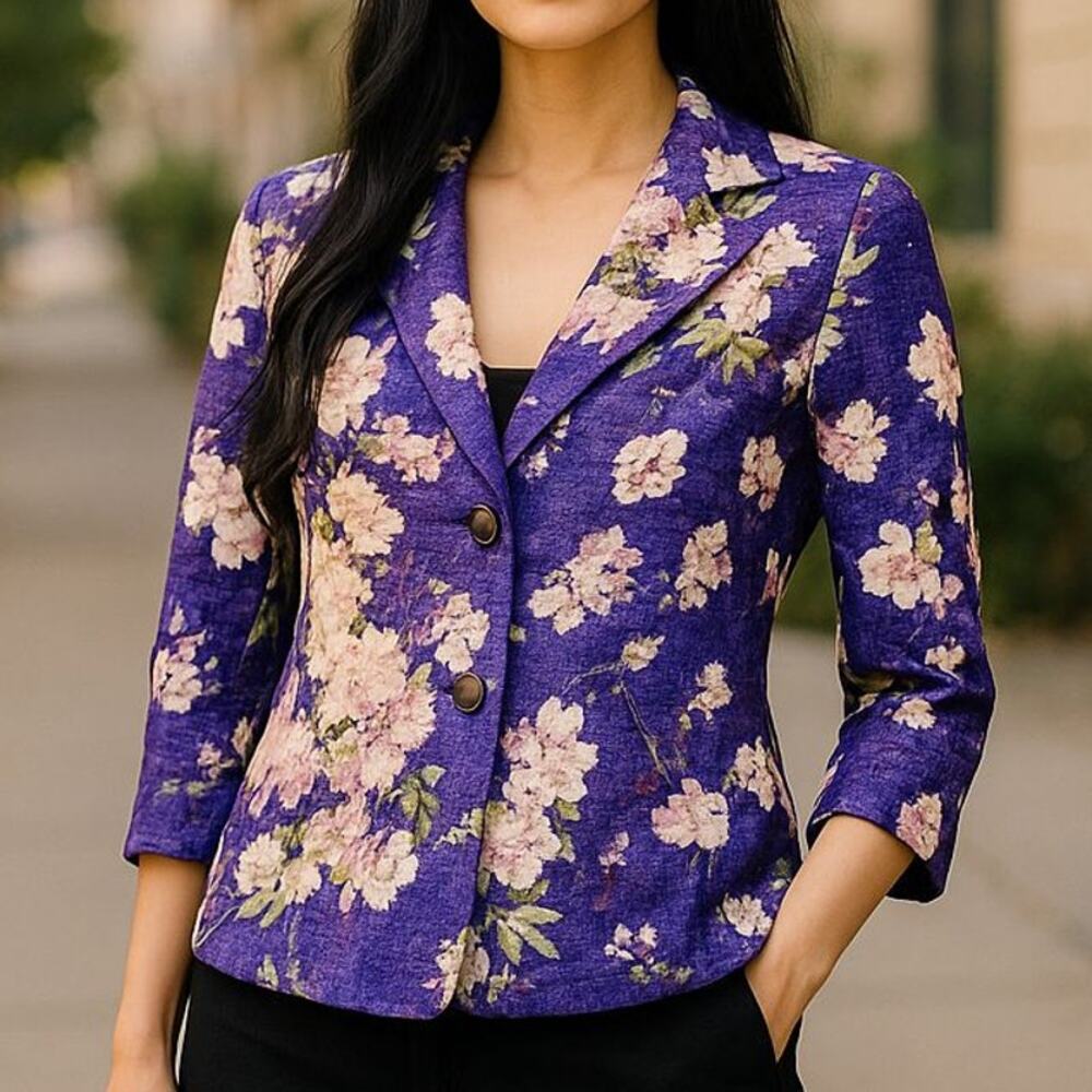 J Peterman Purple Cherry Blossom Cotton One Button 3/4 Sleeve Jacket NWOT Size 4